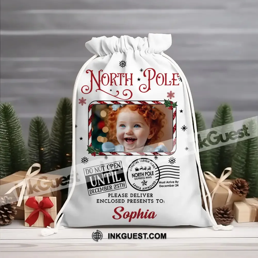 North Pole Delivery For Custom Photo And Name, Personalized String Bag, Christmas Gift