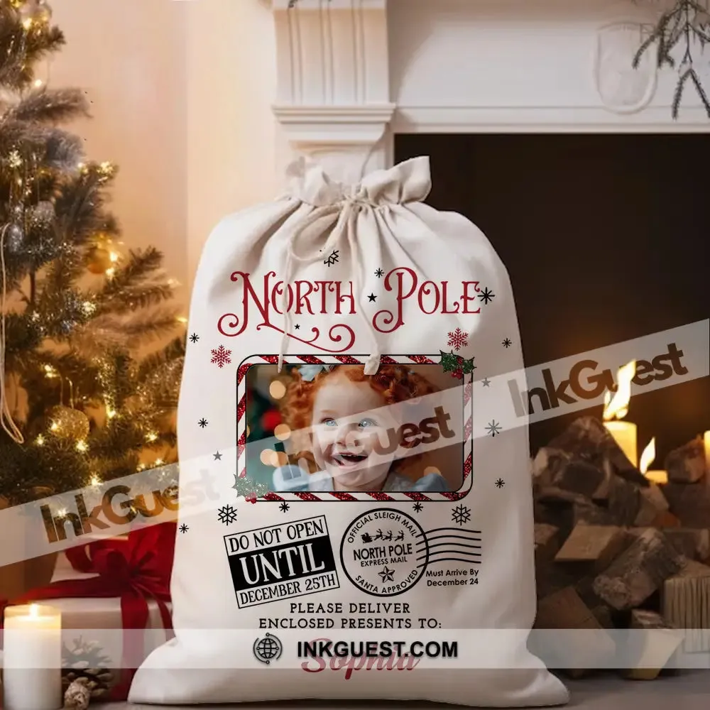 North Pole Delivery For Custom Photo And Name, Personalized String Bag, Christmas Gift