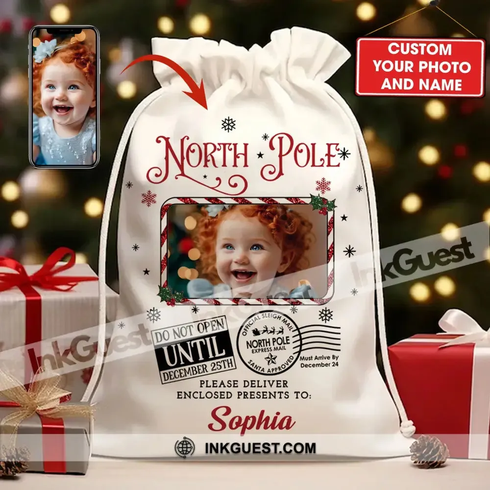 North Pole Delivery For Custom Photo And Name, Personalized String Bag, Christmas Gift