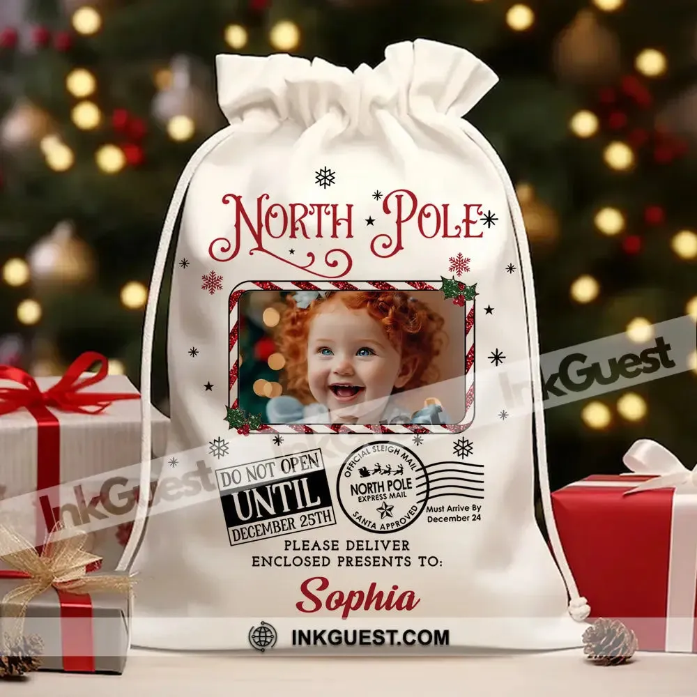 North Pole Delivery For Custom Photo And Name, Personalized String Bag, Christmas Gift