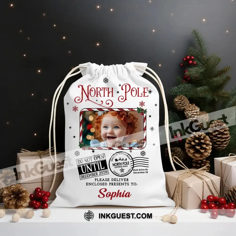 North Pole Delivery For Custom Photo And Name, Personalized String Bag, Christmas Gift