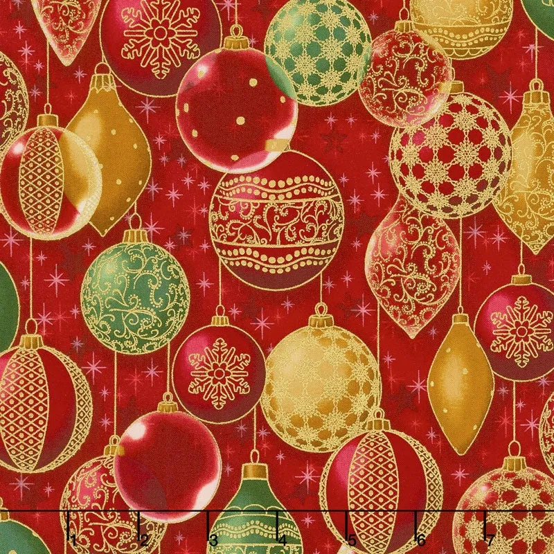 Winter's Grandeur - Holiday Gilded Ornaments Red Metallic Yardage